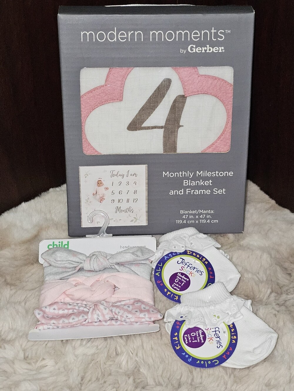 Gerber Pink & White Monthly Milestone Blanket Set with Baby Headbands and Socks